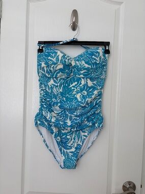 Anne Cole Twist Front Bandeau One Piece Swimsuit Floral Size 12 Ruched